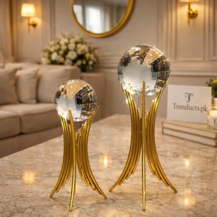 2 Pieces, Crystal Ball With Golden Metal Stand - Show Piece
