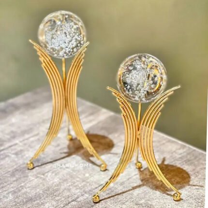2 Pieces, Crystal Ball With Golden Metal Stand - Show Piece